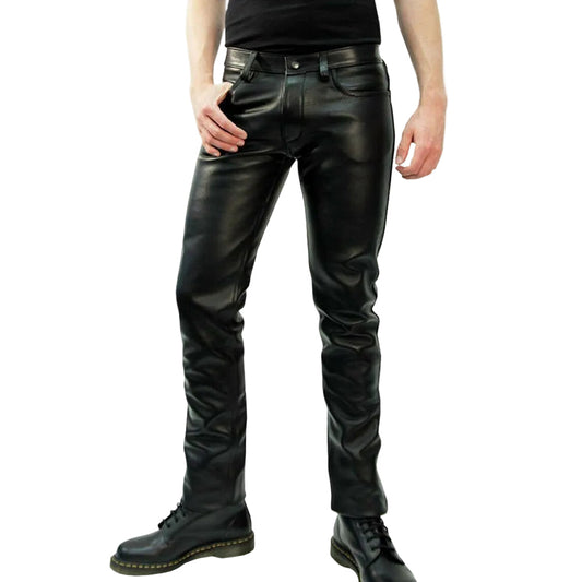 A pair of men's black shiny leather trousers with a slim fit. The image shows the trousers in a vertical orientation, displaying the front view along with the wearer's hands in a pockets position.
