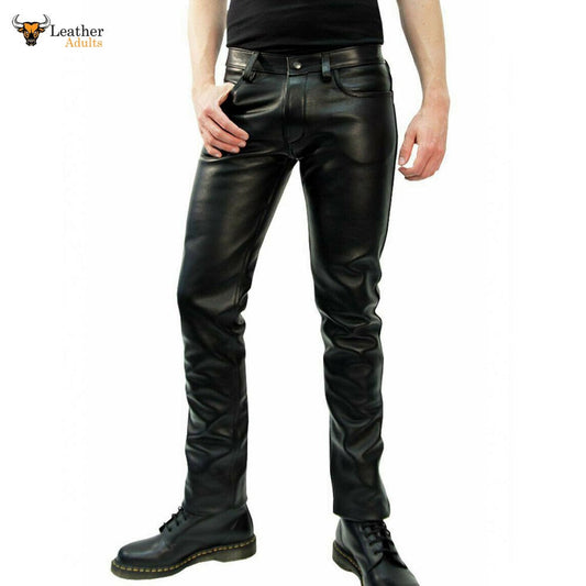 Mens Genuine Leather Black Shiny Jeans Pants Leather Sheep Leather Men Trousers