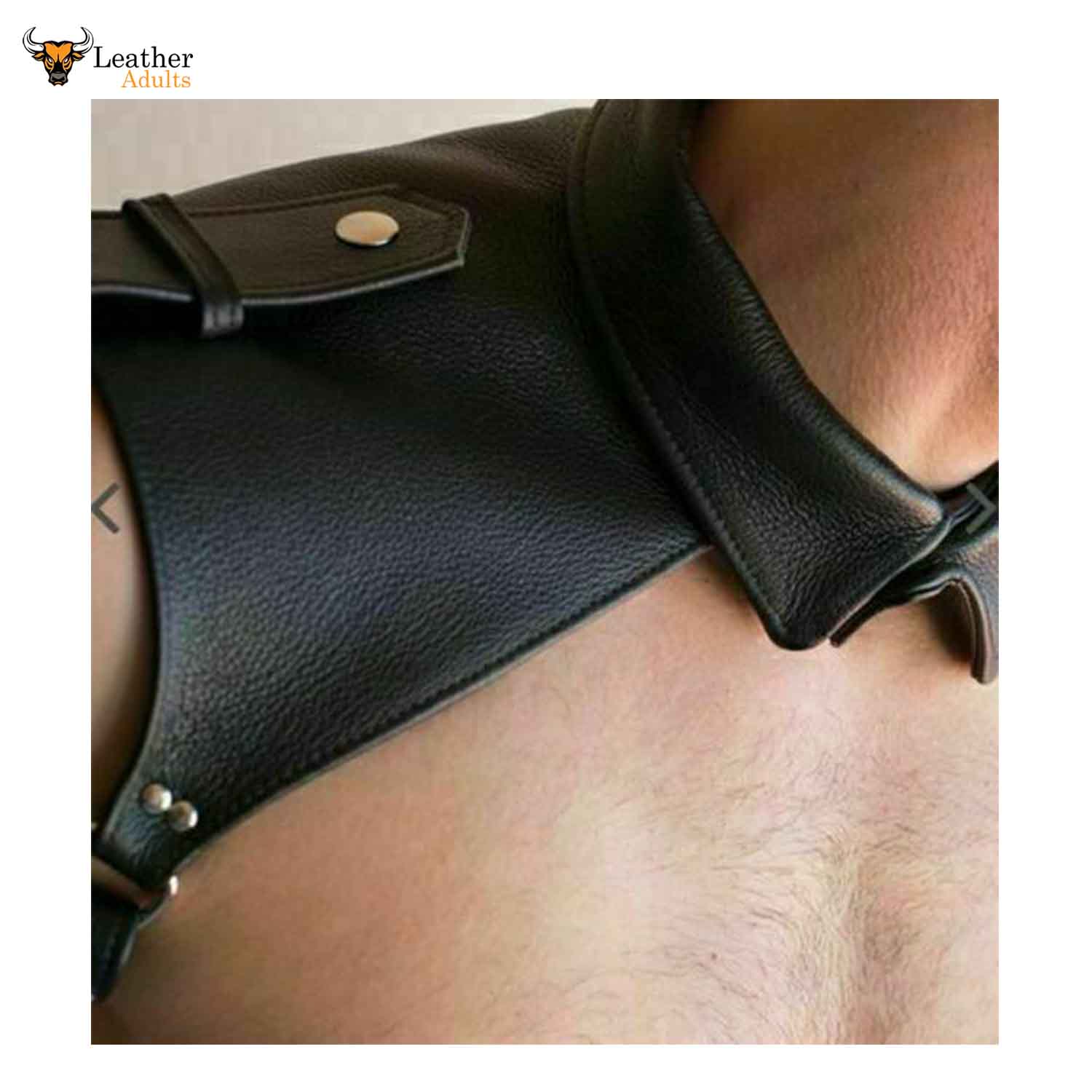 Black leather shoulder harness worn by a person, with 'KSK Leather' branding.