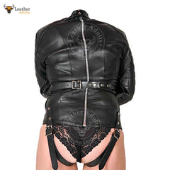 Camisa de fuerza de cuero genuino para mujer con paneles acolchados, de alta resistencia, acolchada