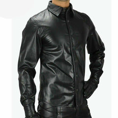 Camisa de cuero genuino negro para hombre, estilo policial militar, manga larga BLUF