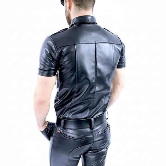 Camisa de cuero de cordero auténtico para hombre, estilo policía, color negro, Cuir Bluf Lederhemd Leder Shirt