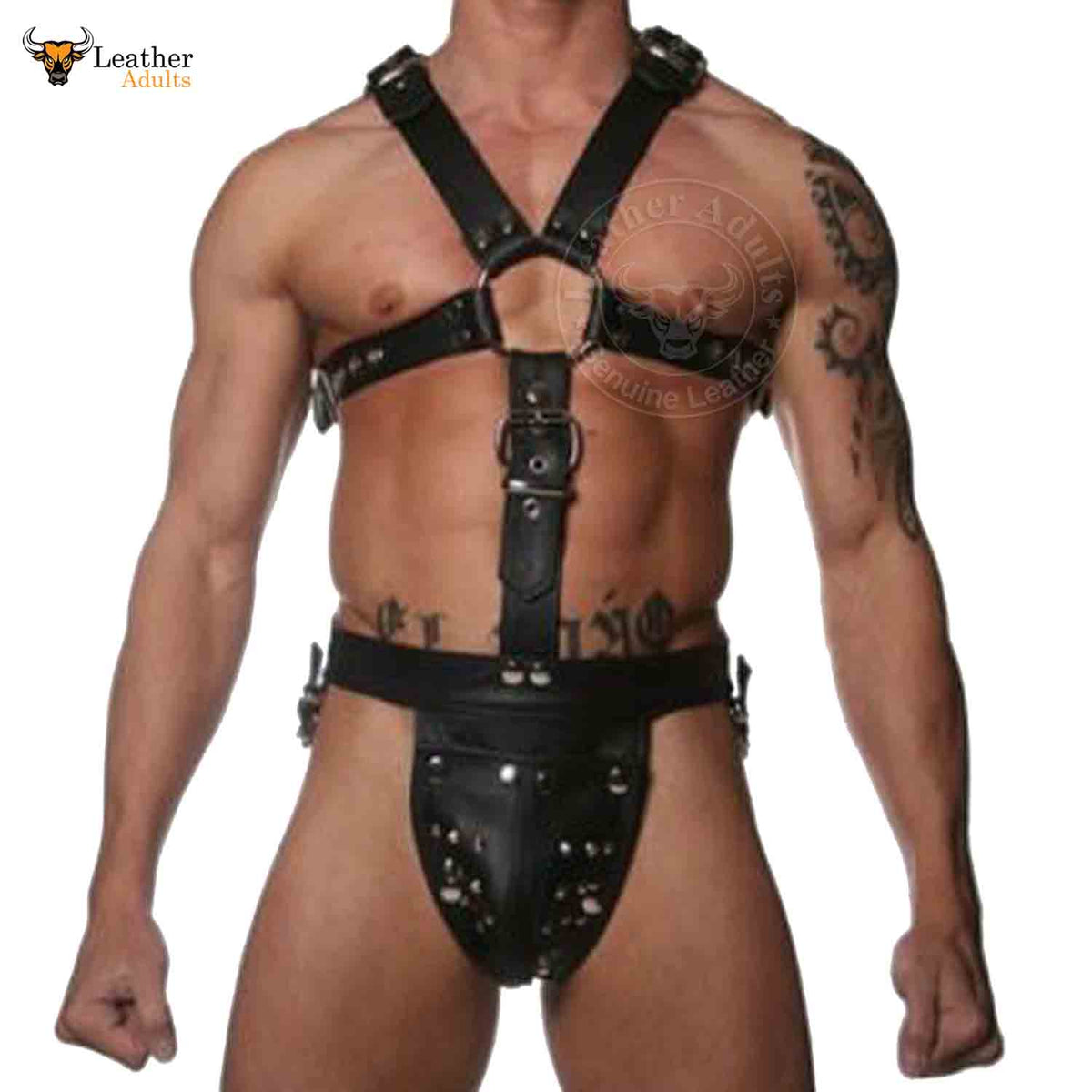 This image features a man modeling a men's genuine leather full-body harness with an integrated jockstrap. The harness is handcrafted from top grain leather and is equipped with stainless steel hardware, emphasizing durability and style.