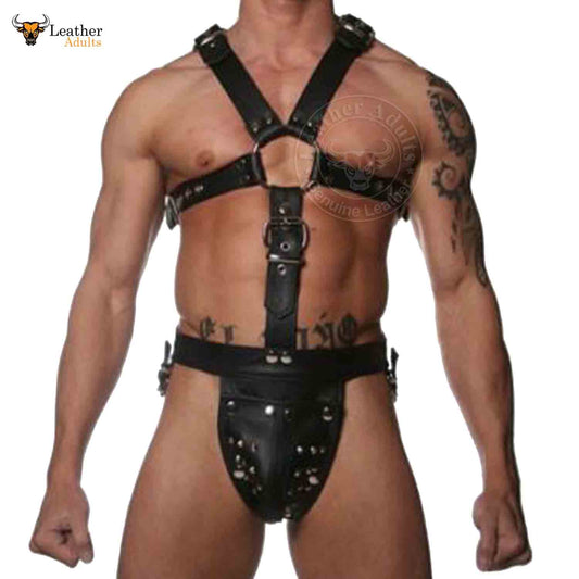 This image features a man modeling a men's genuine leather full-body harness with an integrated jockstrap. The harness is handcrafted from top grain leather and is equipped with stainless steel hardware, emphasizing durability and style.