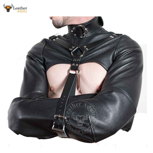 Bolero para hombre, cuero genuino negro, chaqueta de fuerza resistente, chaqueta de bondage BDSM