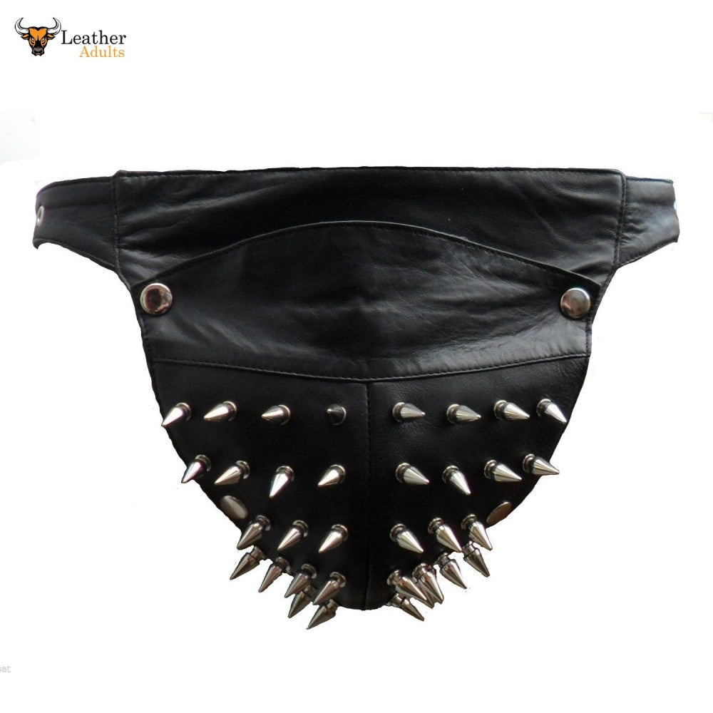 Black leather jockstrap with metal spikes and adjustable waistband