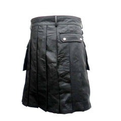 Kilt utilitario de cuero negro para hombre, con dos bolsillos cargo, plisado y dos hebillas