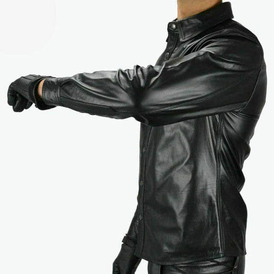 Camisa de cuero genuino negro para hombre, estilo policial militar, manga larga BLUF