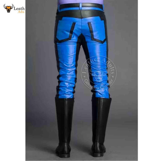 Mens Real Cowhide Leather Black and Blue Contrast Leather Pants Motorcycle Pants Trousers Jeans