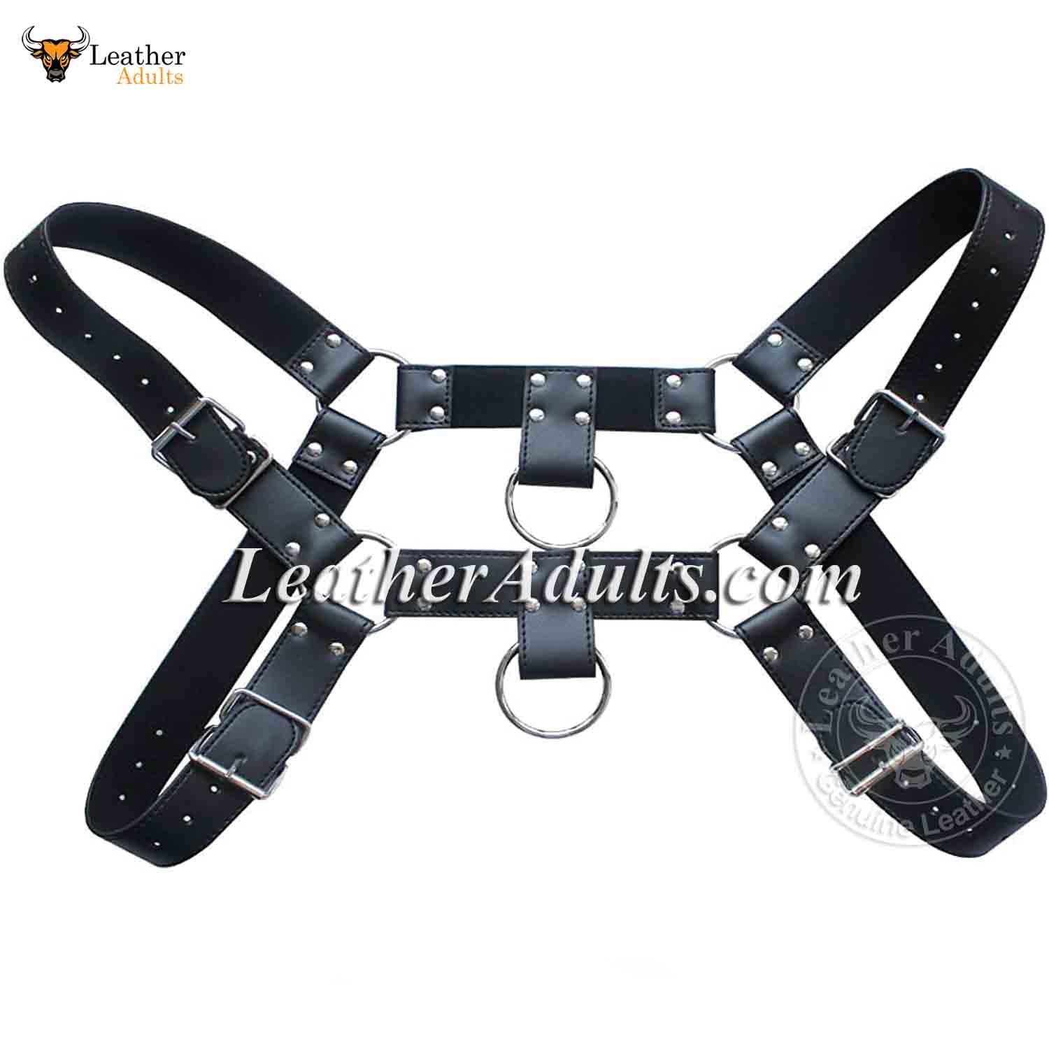 Black leather harness with metal rings on a white background, featuring the brand 'KSK Leather'.
