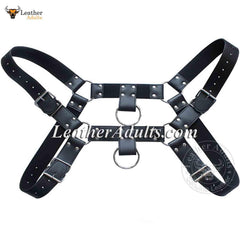 Black leather harness with metal rings on a white background, featuring the brand 'KSK Leather'.