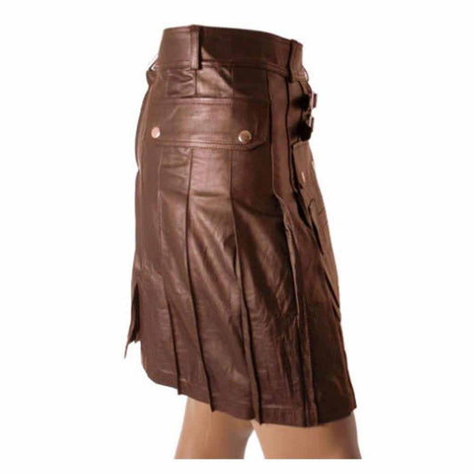 Falda Escocesa Cargo Utilitaria de Cuero Genuino Marrón para Hombre, Variedad de Largos y Tallas