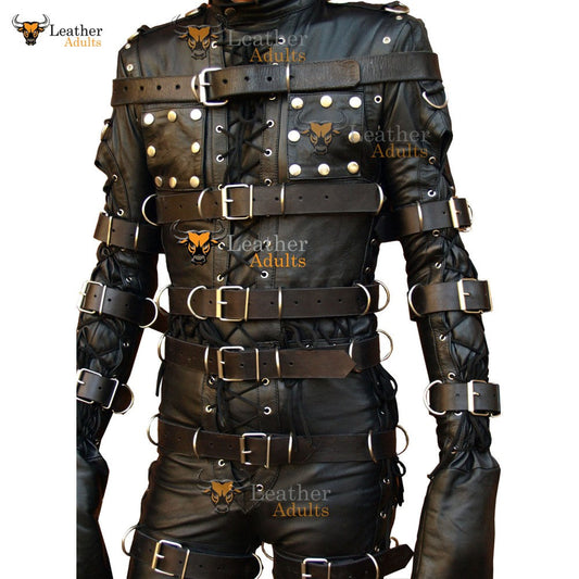 Traje de bondage para hombre, de piel negra, de alta resistencia, restrictivo, tipo catsuit con capucha, para LARP