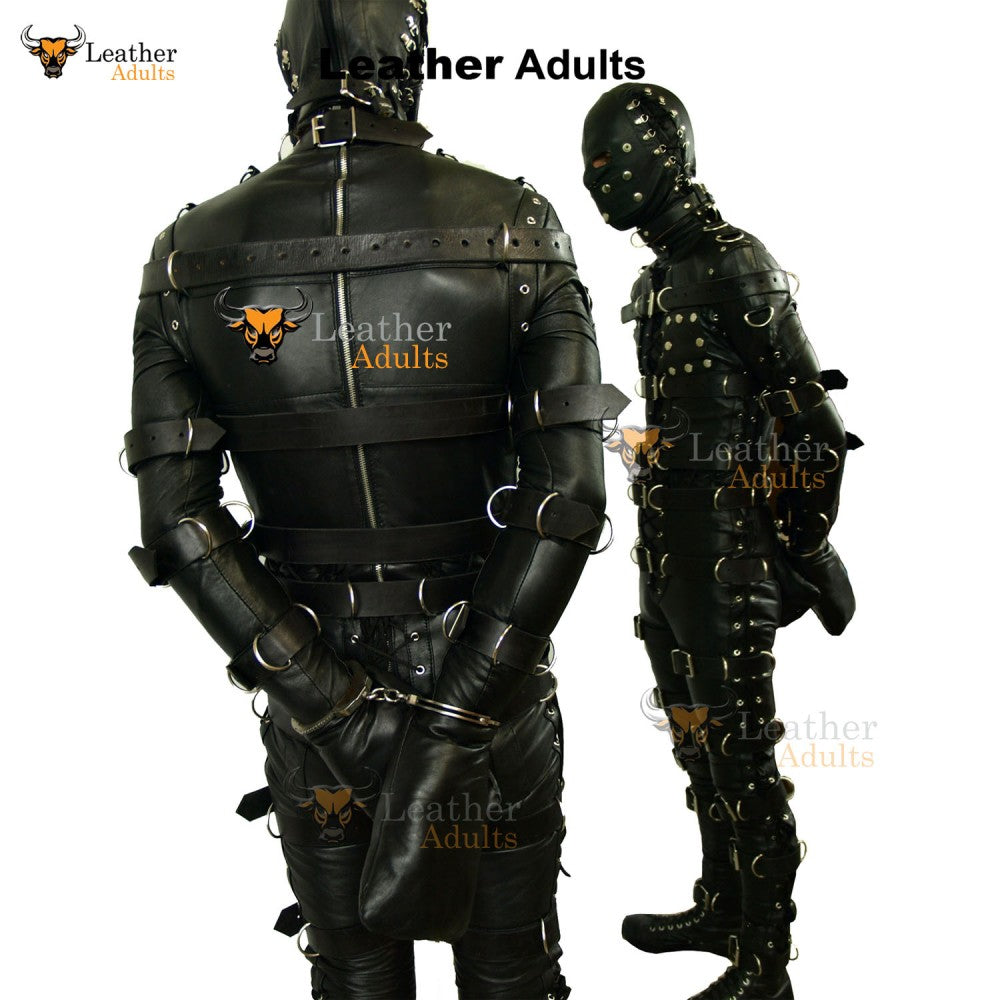 Traje de bondage para hombre, de piel negra, de alta resistencia, restrictivo, tipo catsuit con capucha, para LARP