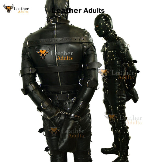 Traje de bondage para hombre, de piel negra, de alta resistencia, restrictivo, tipo catsuit con capucha, para LARP