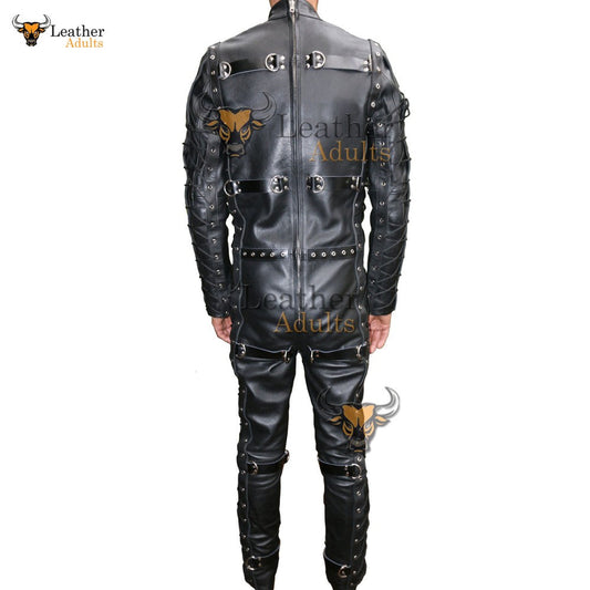 Traje de salto de servidumbre para hombre, traje de celda, cuero negro de alta resistencia, catsuit de restricción BDSM
