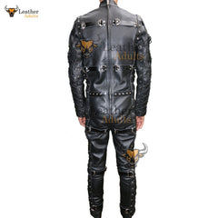 Traje de salto de servidumbre para hombre, traje de celda, cuero negro de alta resistencia, catsuit de restricción BDSM