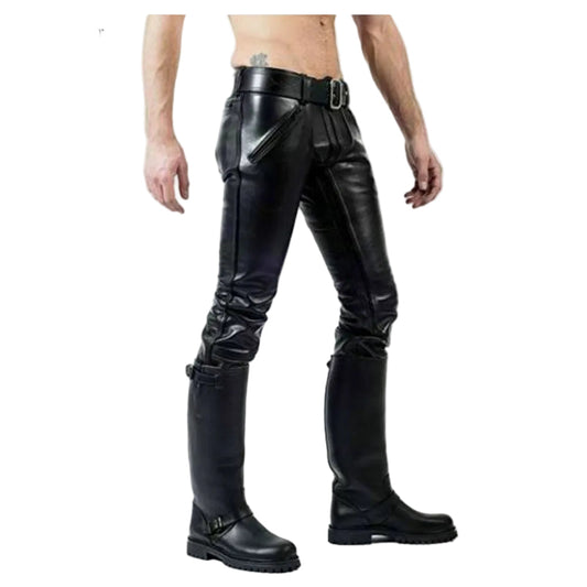 Black leather chaps pants with a matching belt, worn by a model with black leather chaps boots, shown against a plain white background.