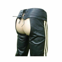 Polainas de motociclista para hombre de cuero, polainas de cuero con rayas blancas, polainas gay con suspensorio