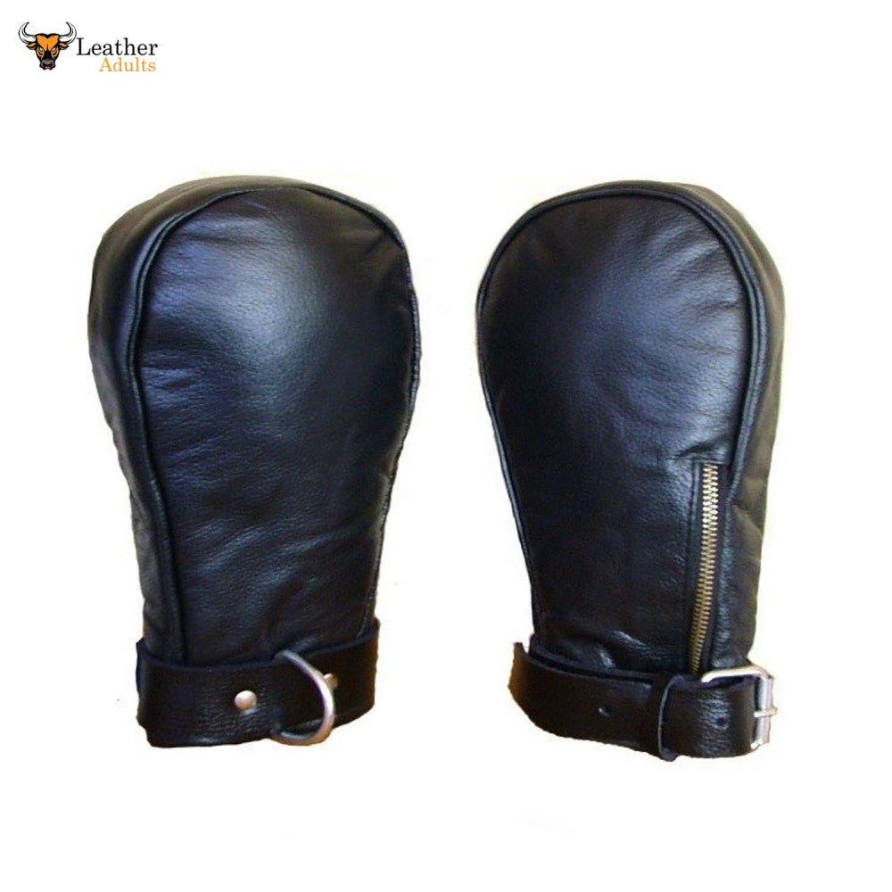 A pair of black genuine calf leather fist mitts with padded palms, wrist straps, and a visible zipper.