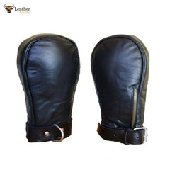 A pair of black genuine calf leather fist mitts with padded palms, wrist straps, and a visible zipper.