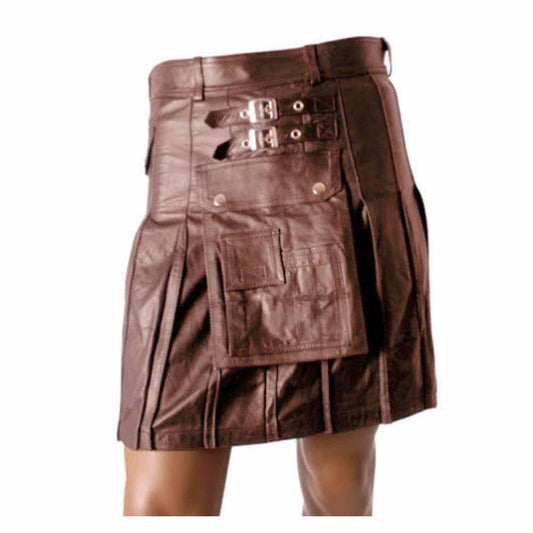 Falda Escocesa Cargo Utilitaria de Cuero Genuino Marrón para Hombre, Variedad de Largos y Tallas