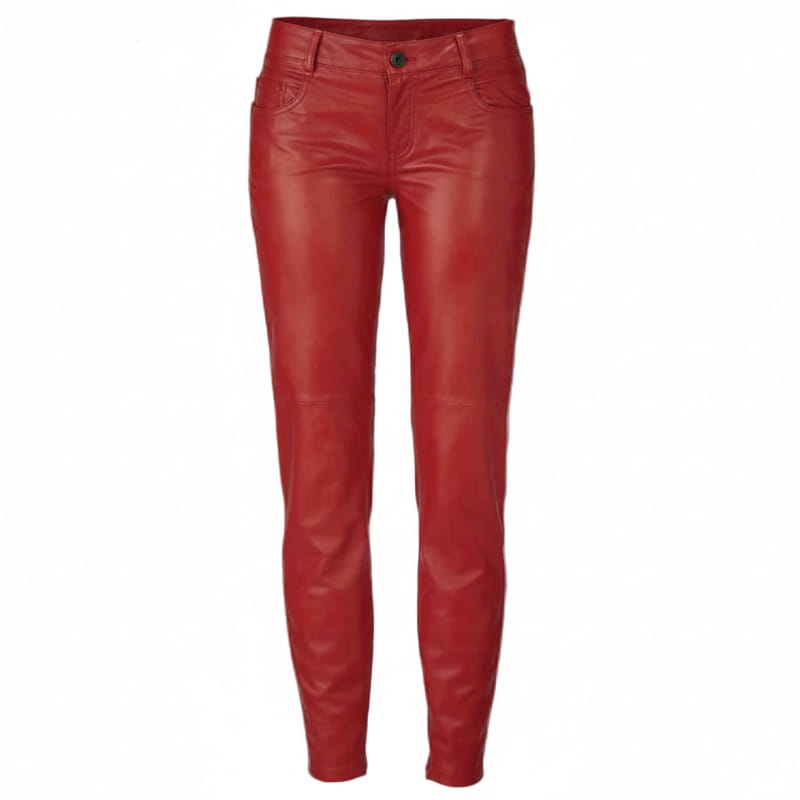 Red leather slim-fit pants with a single button closure at the waist, displayed against a solid white background.