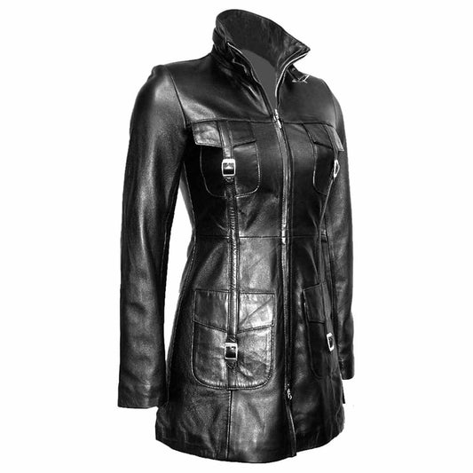 Gabardina de cuero de cordero auténtico negro para mujer estilo Steampunk T14