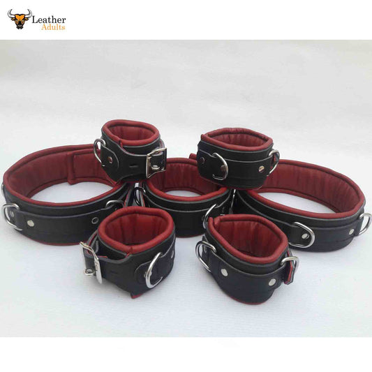 Restricción de bondage acolchada de cuero auténtico de 7 piezas de alta resistencia, color rojo y negro