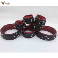 Restricción de bondage acolchada de cuero auténtico de 7 piezas de alta resistencia, color rojo y negro
