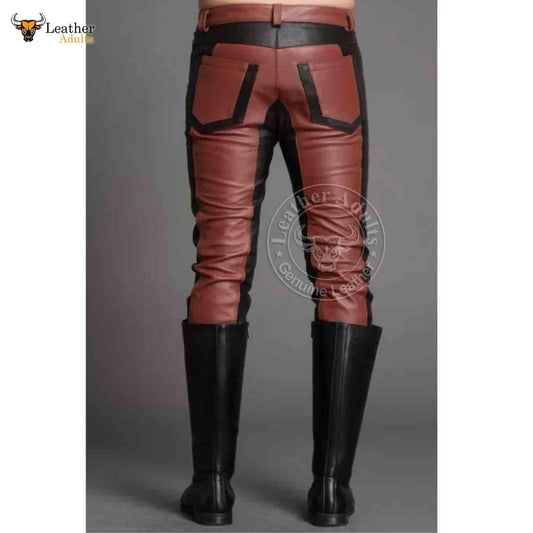 Mens Real Cowhide Leather Black and Brown Contrast Leather Pants Motorcycle Pants Trousers Jeans
