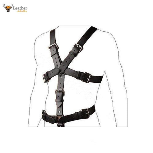 Black leather harness on a white background with 'Leather Addicts' branding.