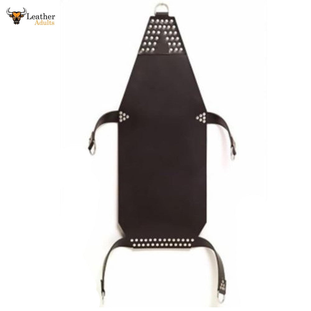 A black leather swing with studded details and a padded strap for support, designed for adult play.