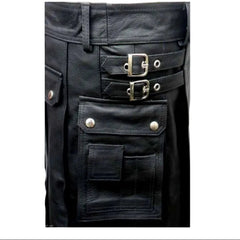 Kilt utilitario de cuero negro para hombre, con dos bolsillos cargo, plisado y dos hebillas