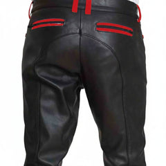 Pantalones de cuero de vaca para hombre, pantalones cortos de motociclista, pantalones de cuero con raya roja, pantalones chinos de ropa de club
