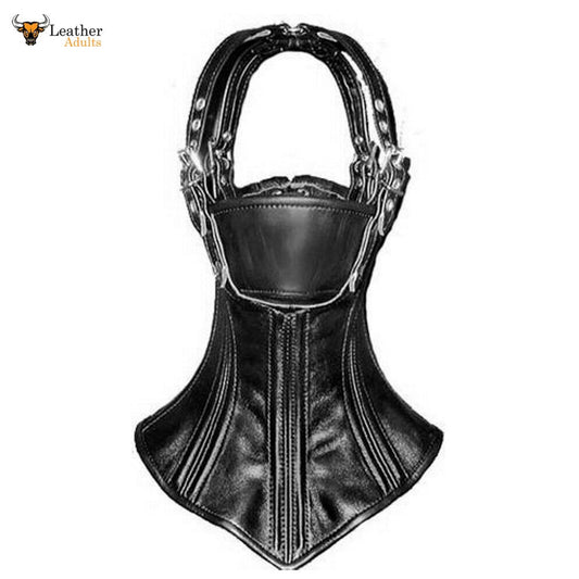 Corsé de cuello con capucha de cuero auténtico con varillas de acero para bondage