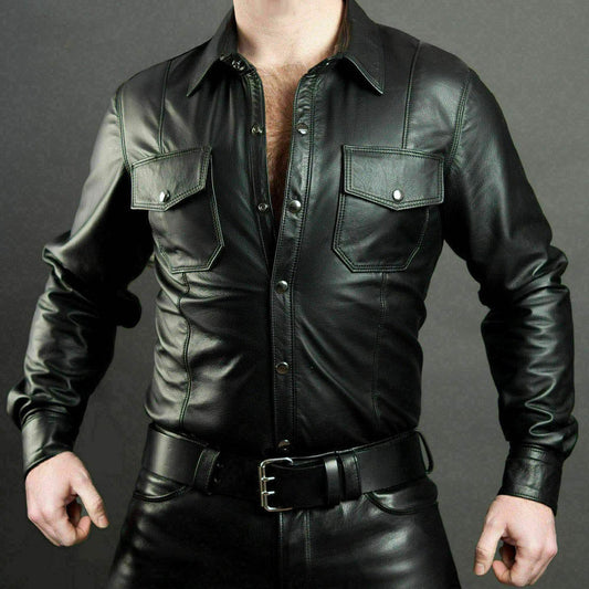 Atractiva camisa de uniforme policial de cuero de cordero genuino suave para hombres y niños