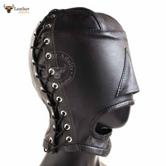 Capucha de bondage de cuero con boca abierta Máscara de bondage de cuero suave negra BDSM