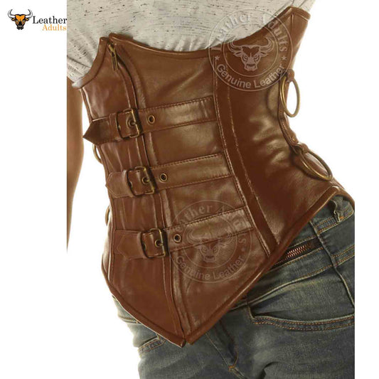 A brown real leather underbust corset with front zip and buckles, featuring steel bones and a modesty panel back.