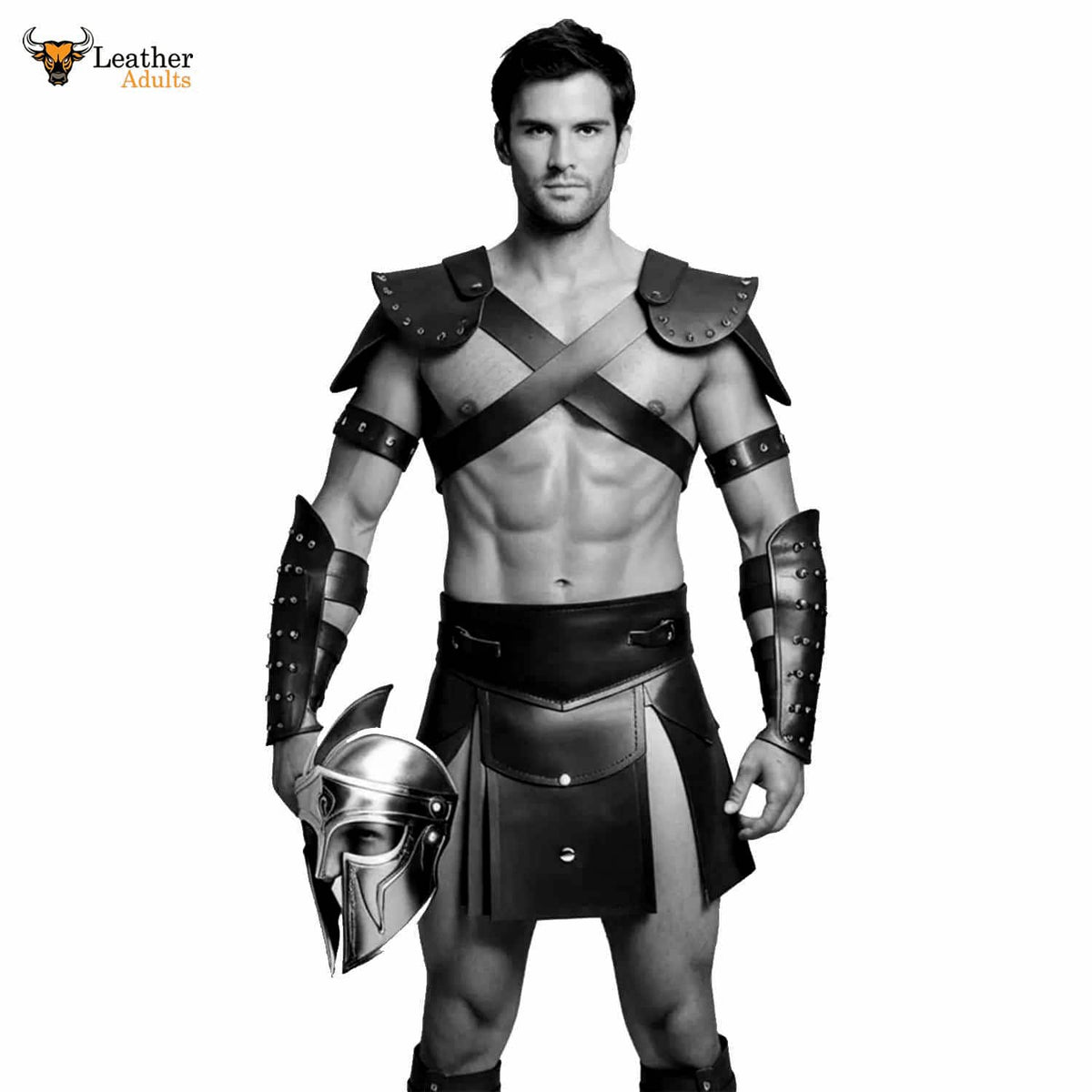 Mens Black Leather Gladiator Costume Historical Reenactment Armor Kilt Set Roman Warrior LARP
