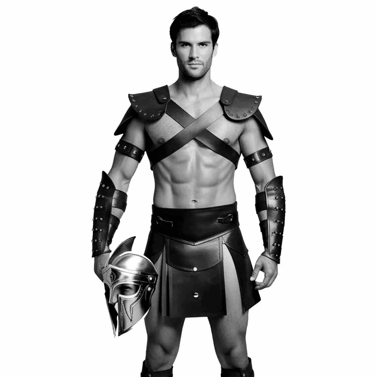 Conjunto de disfraz de gladiador de cuero negro para hombre, armadura de recreación histórica, kilt, guerrero romano, LARP