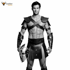 Mens Black Leather Gladiator Costume Historical Reenactment Armor Kilt Set Roman Warrior LARP