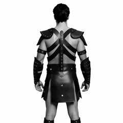 Conjunto de disfraz de gladiador de cuero negro para hombre, armadura de recreación histórica, kilt, guerrero romano, LARP
