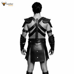 Mens Black Leather Gladiator Costume Historical Reenactment Armor Kilt Set Roman Warrior LARP