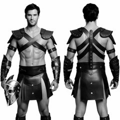 Conjunto de disfraz de gladiador de cuero negro para hombre, armadura de recreación histórica, kilt, guerrero romano, LARP