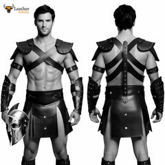 Mens Black Leather Gladiator Costume Historical Reenactment Armor Kilt Set Roman Warrior LARP