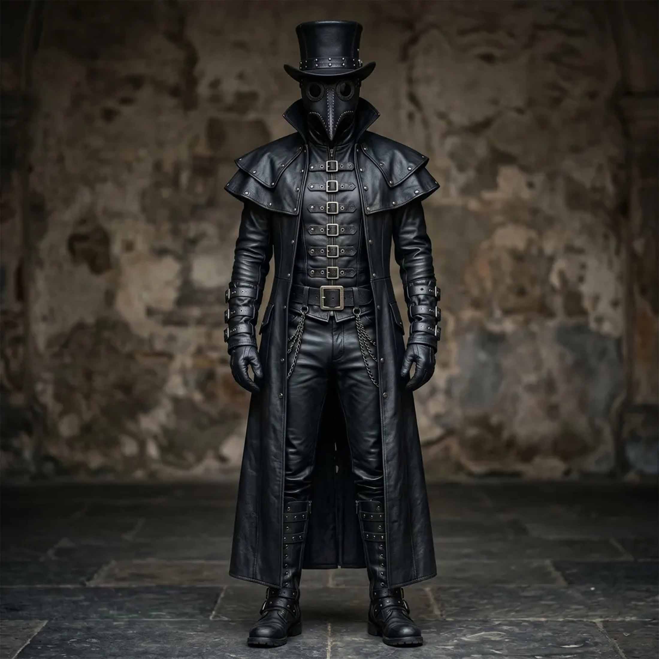 Full length front view of men handmade black leather gothic plague doctor costume featuring ankle length duster coat buckled vest and matching leather pants