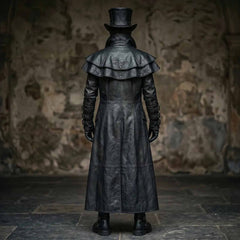 Rear full body view of black leather steampunk trench coat showing tiered double layer shoulder capelet with metal rivets and long flowing tailcoat hem
