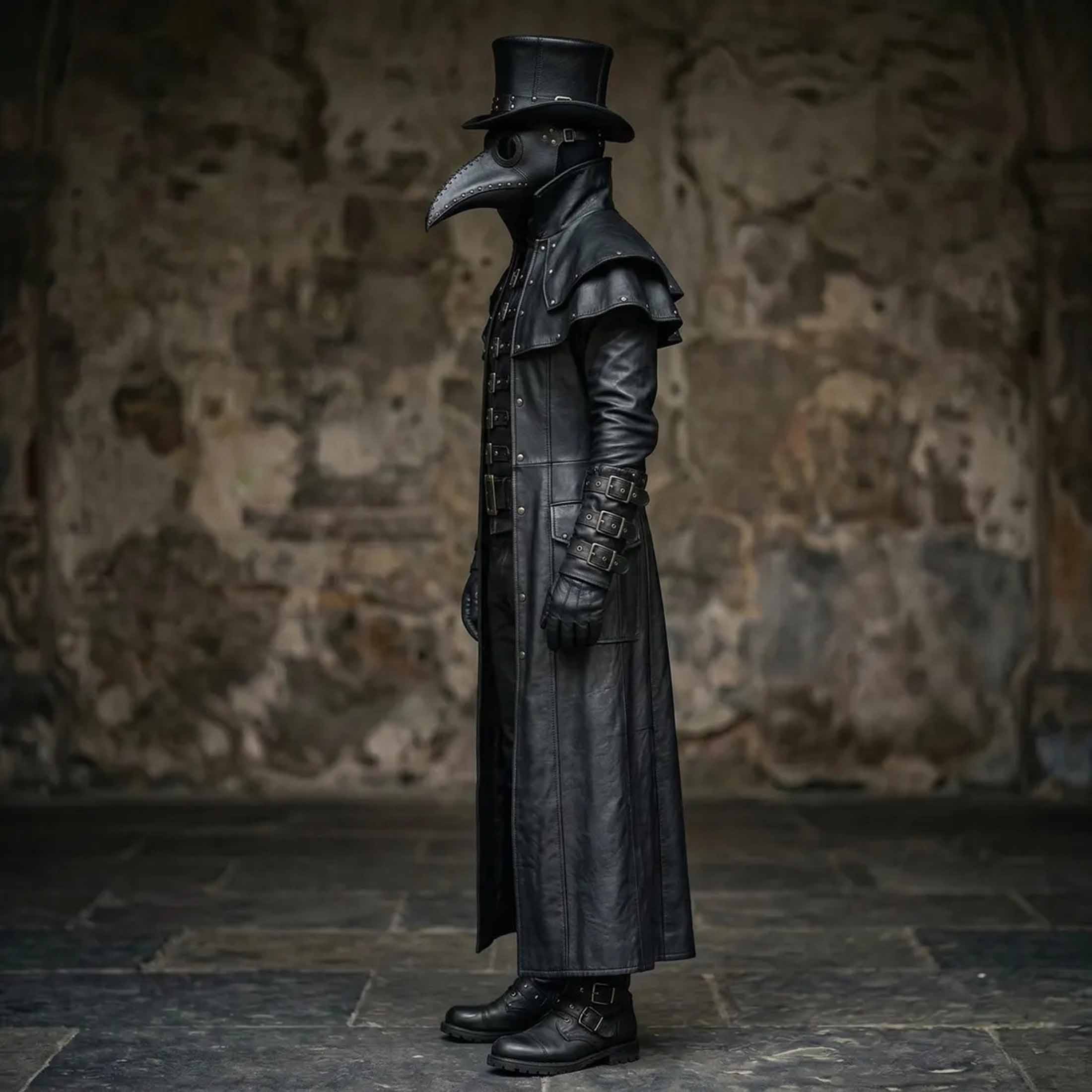 Side angle profile view of gothic plague doctor leather outfit detailing long fitted sleeves wrist straps and tailored leather trousers