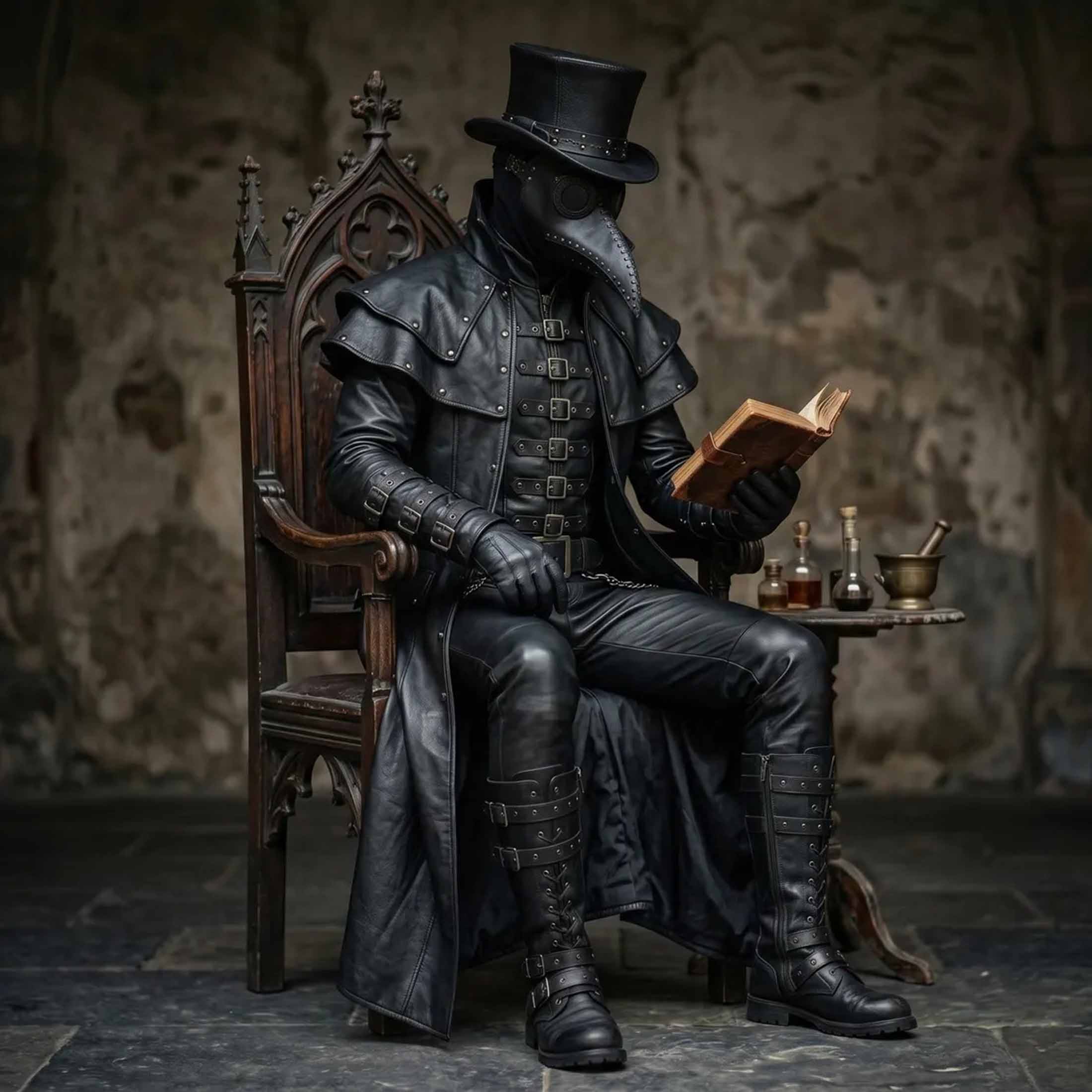 Plague doctor character dressed in full black leather duster coat and buckled vest reading an ancient tome while seated on a carved gothic wooden chair